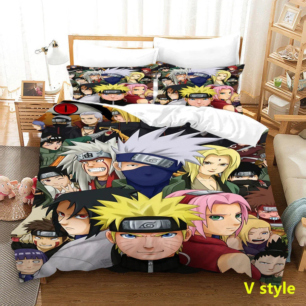 Naruto Anime Bedding Set, 3D Print Duvet Cover with Pillowcases, Akatsuki Red Cloud Comforter Cover Set, Soft Microfiber Bed Sheets, Bedroom Decor Gift for Naruto Fans