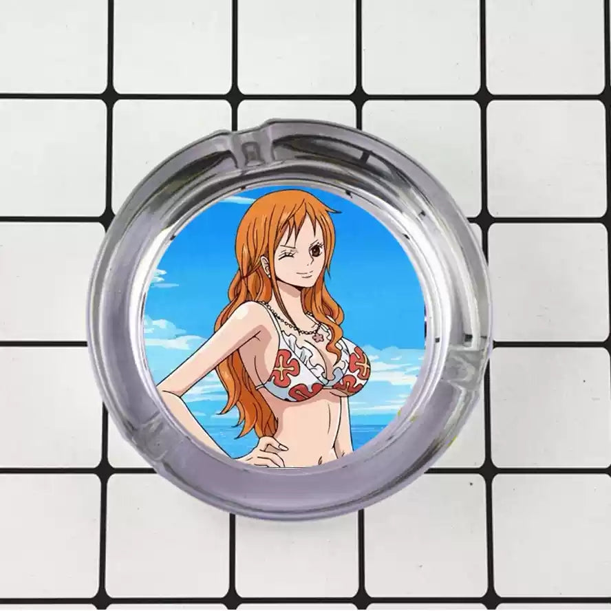 One Piece Anime Glass Ashtray, Luffy Zoro Ace Sanji Round Cigarette Ashtray, Portable Clear Glass Ash Tray with Character Print, Desktop Decor Collectible Gift for One Piece Fans