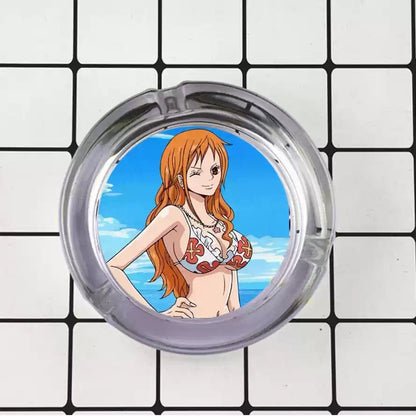 One Piece Anime Glass Ashtray, Luffy Zoro Ace Sanji Round Cigarette Ashtray, Portable Clear Glass Ash Tray with Character Print, Desktop Decor Collectible Gift for One Piece Fans
