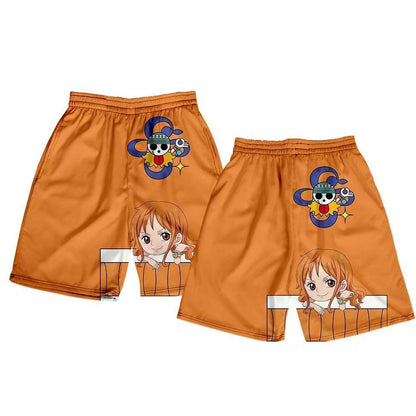 One Piece Anime Shorts, Luffy Zoro Sanji Chopper Printed Casual Beach Shorts, Elastic Waist Loose Short Pants, One Piece Merch Summer Swim Trunks for Men Anime Fans