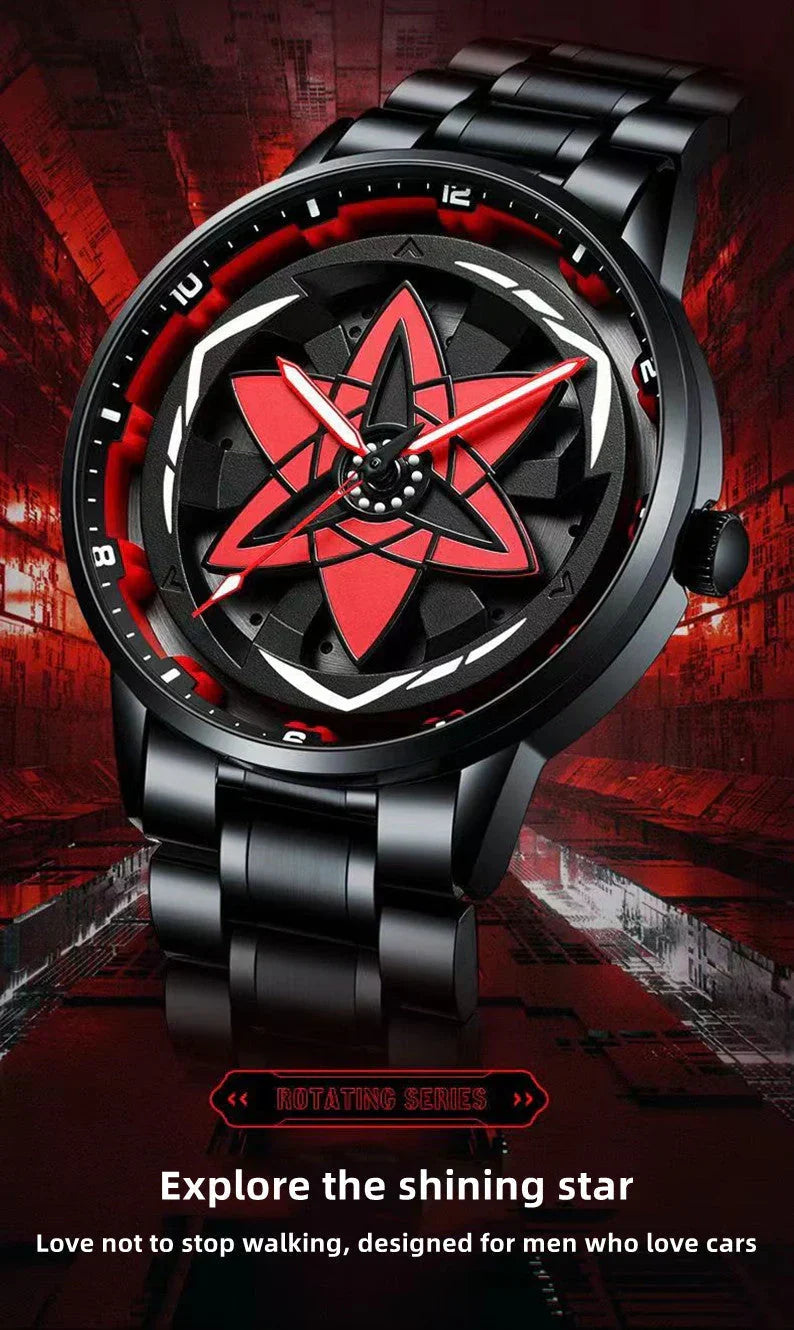 Naruto Sharingan Anime Watch for Men, Uchiha Sasuke Madara Rotating Sharingan Dial Wrist Watch, Stainless Steel Band Quartz Watch, Anime Cosplay Accessory, Collectible Gift for Naruto Fans