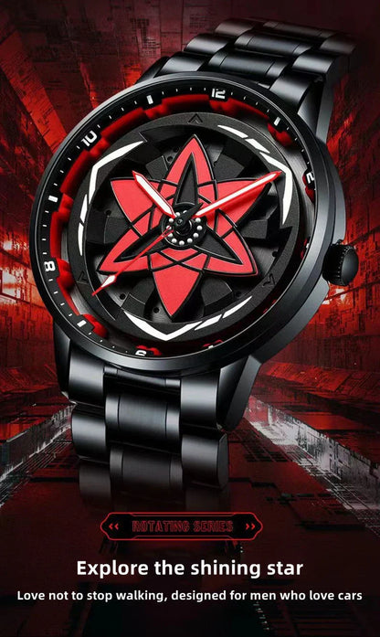 Naruto Sharingan Anime Watch for Men, Uchiha Sasuke Madara Rotating Sharingan Dial Wrist Watch, Stainless Steel Band Quartz Watch, Anime Cosplay Accessory, Collectible Gift for Naruto Fans