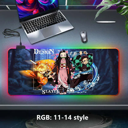 Demon Slayer RGB Gaming Mouse Pad, Large Extended Anime Desk Mat, LED Glowing Non-Slip Rubber Keyboard Pad, Multiple Nezuko Tanjiro Designs, Waterproof Desk Pad for PC Gamers
