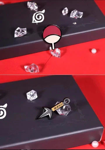 Naruto Anime Sharingan Metal Pin Badge Set, Leaf Village Symbol Akatsuki Cloud Uchiha Brooch Collection Box, Ninja Kunai Pendant, Cosplay Lapel Pins, Collectible Gift for Naruto Anime Fans Teens Adults