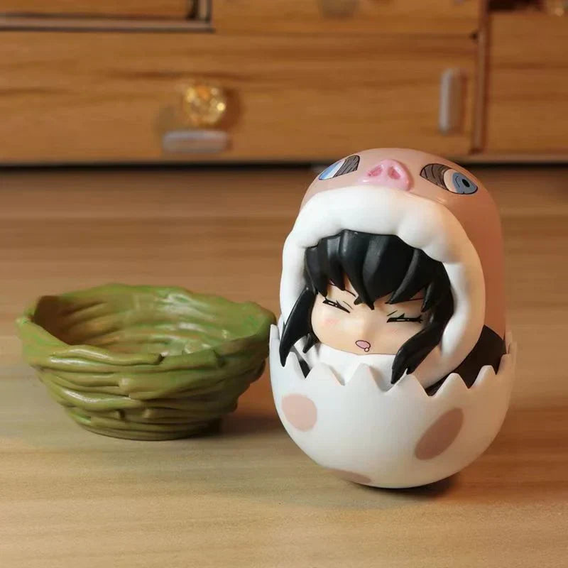 Demon Slayer Eggshell Tumbler Figure, Q Version Tanjiro Nezuko Zenitsu Inosuke Roly-poly Toy, Anime Character Mini Figurine with Nest Base, Desktop Decor Collectible Statue, Demon Slayer Fan Gift