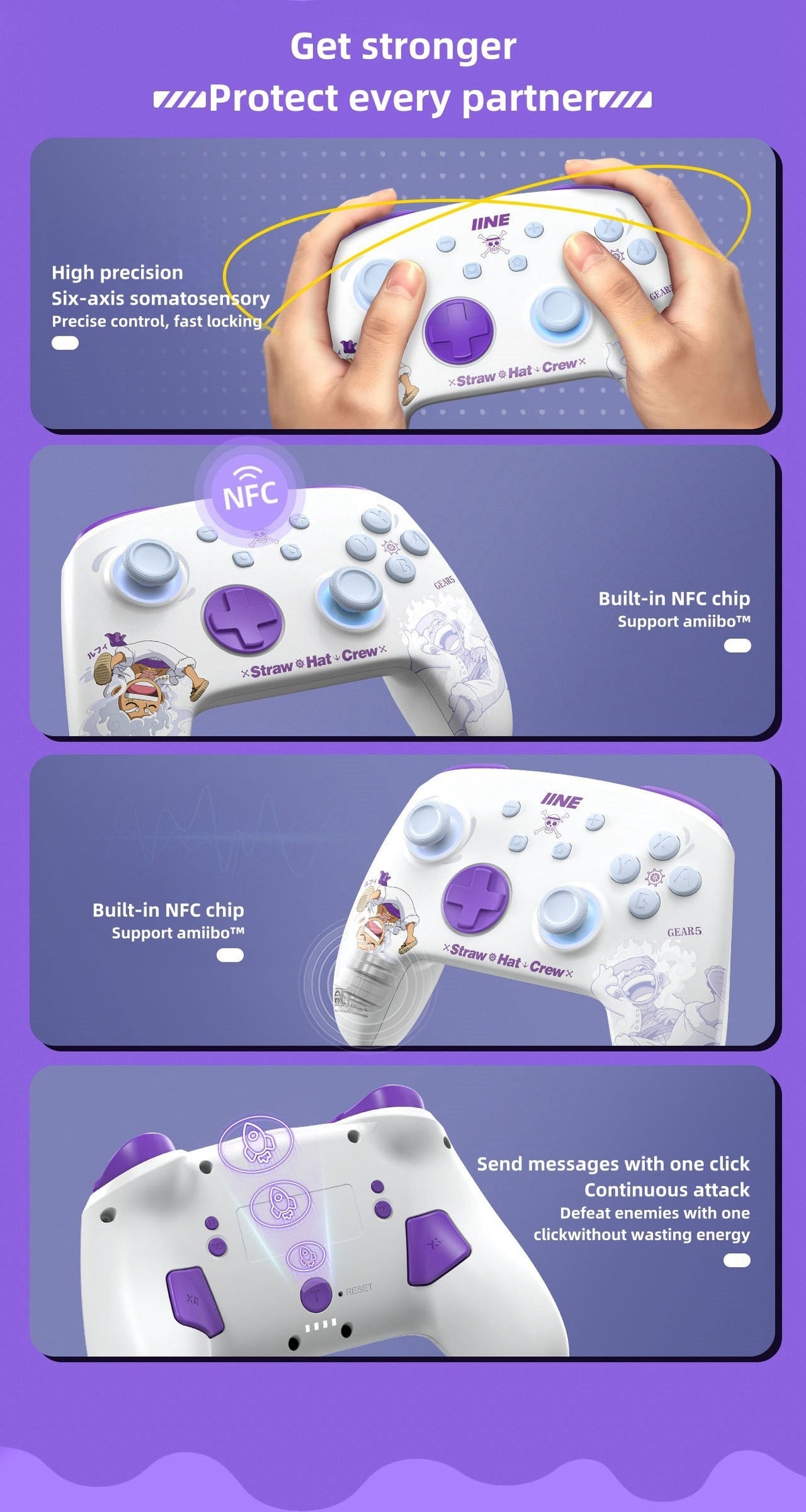 One Piece Luffy Gear 5 Wireless Controller for Nintendo Switch, Straw Hat Crew Anime Bluetooth Gamepad, RGB Light, Dual Vibration & Motion Sensing, Gaming Controller Gift for One Piece Fans