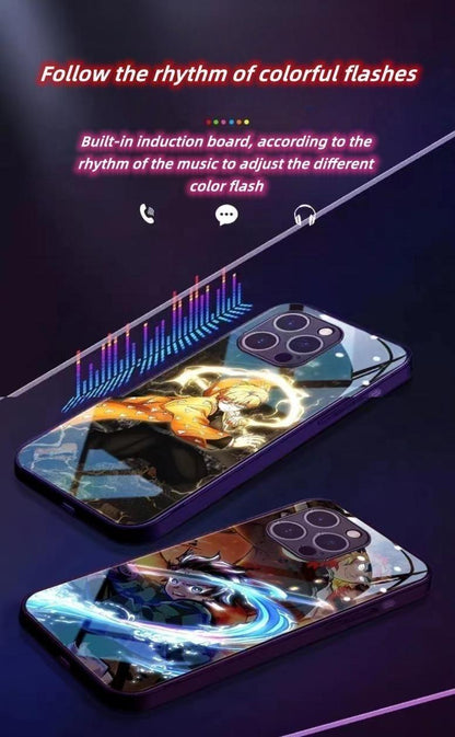 `Demon Slayer Anime Light Up Phone Case, Smart Sound Activated Flash Glowing Glass Back Cover, Shockproof Protective Phone Case for iPhone, Anime Tanjiro Zenitsu Case Gift`
