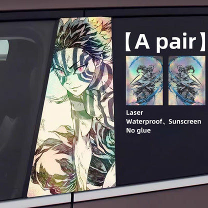 Demon Slayer Anime Car Window Pillar Decals, Laser Holographic Anime Character Car B Column Stickers, Waterproof PET Car Center Pillar Decor Stickers, 1 Pair Anime Car Accessories for Demon Slayer Fans