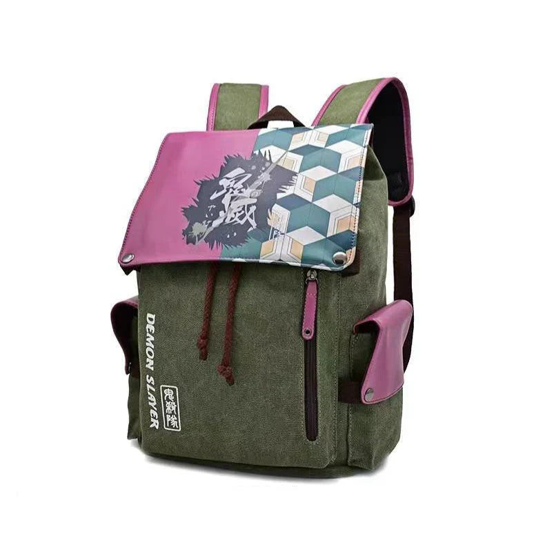 Demon Slayer Anime Flap Drawstring Backpack, Tanjiro Nezuko Zenitsu Inosuke Printed Rucksack, Large Capacity Canvas School Bookbag, Casual Travel Daypack, Anime Fan Gift Backpack