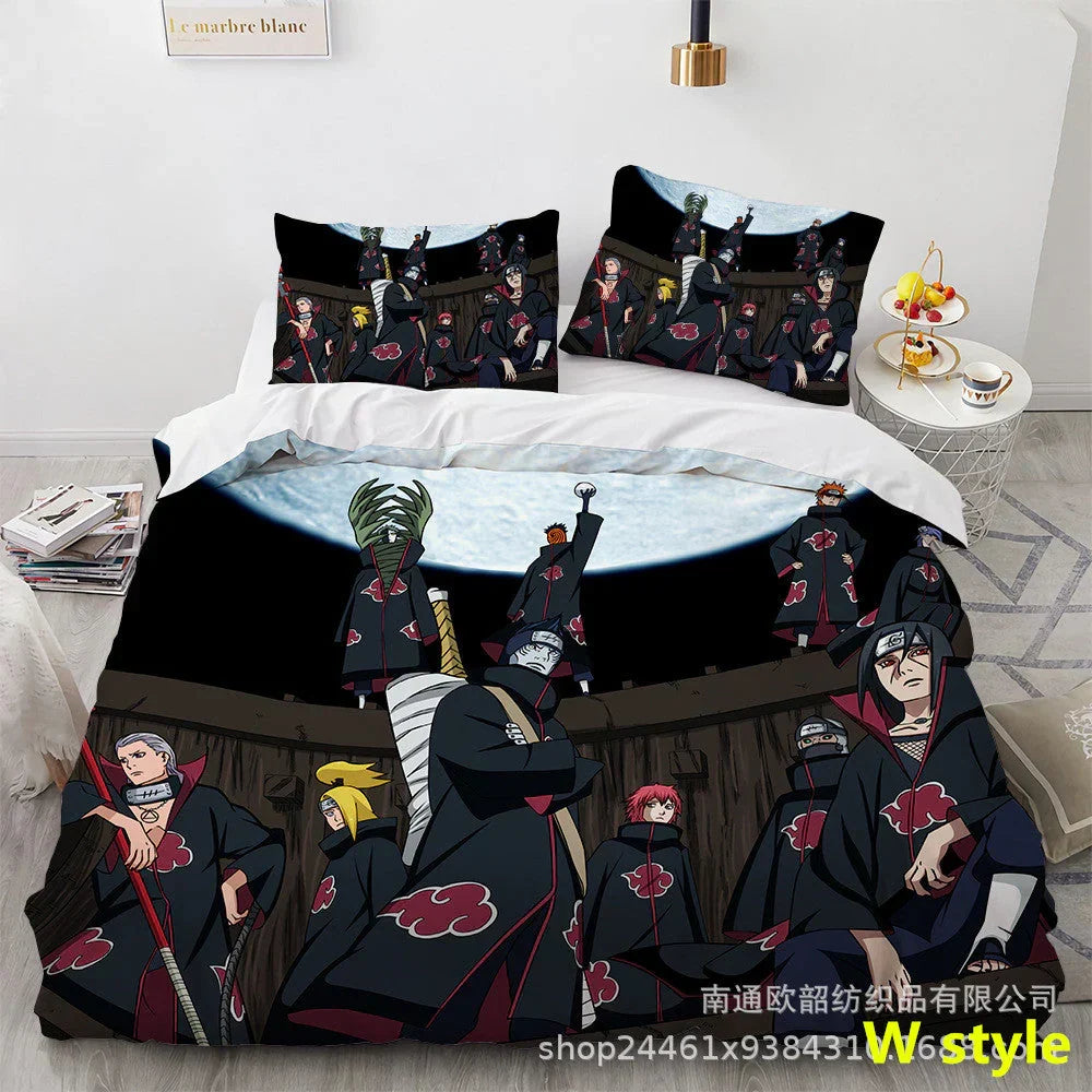 Naruto Anime Bedding Set, 3D Print Duvet Cover with Pillowcases, Akatsuki Red Cloud Comforter Cover Set, Soft Microfiber Bed Sheets, Bedroom Decor Gift for Naruto Fans