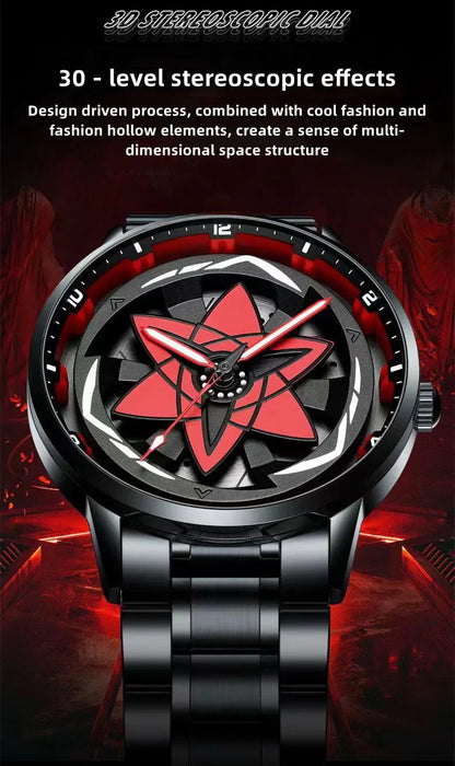 Naruto Sharingan Anime Watch for Men, Uchiha Sasuke Madara Rotating Sharingan Dial Wrist Watch, Stainless Steel Band Quartz Watch, Anime Cosplay Accessory, Collectible Gift for Naruto Fans