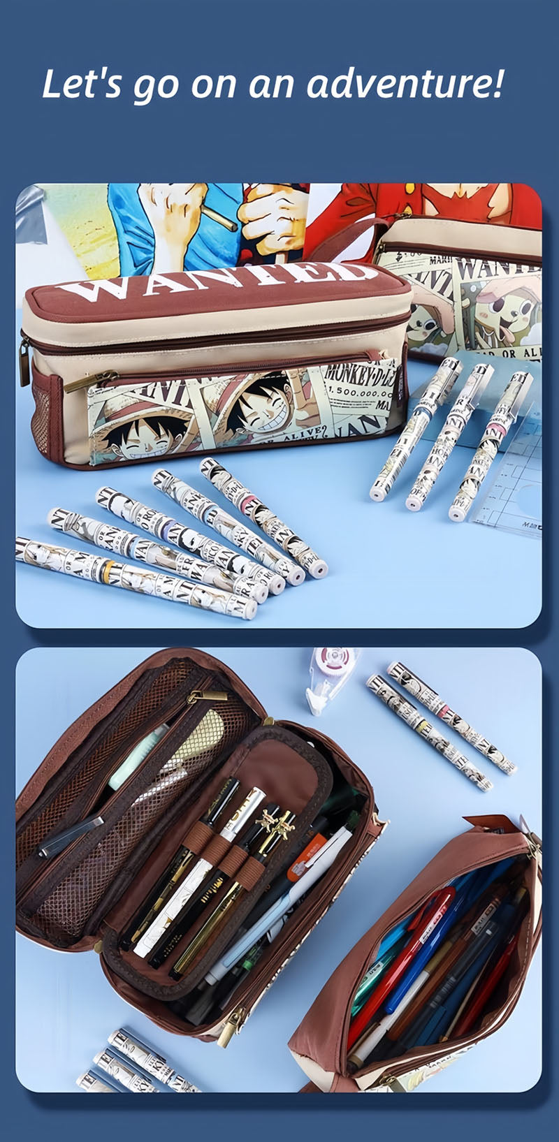 One Piece Anime Pencil Case, Luffy Zoro Sanji Chopper Wanted Poster Large Capacity Pen Bag, Multi-layer Canvas Stationery Storage Pouch, Anime School Supplies Gift for One Piece Fans