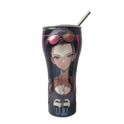 One Piece Anime Tumbler with Straw, Stainless Steel Insulated Travel Cup, Luffy Zoro Nami Wanted Poster Design Coffee Mug, Leak Proof Reusable Water Bottle, One Piece Merch Gift for Anime Fans