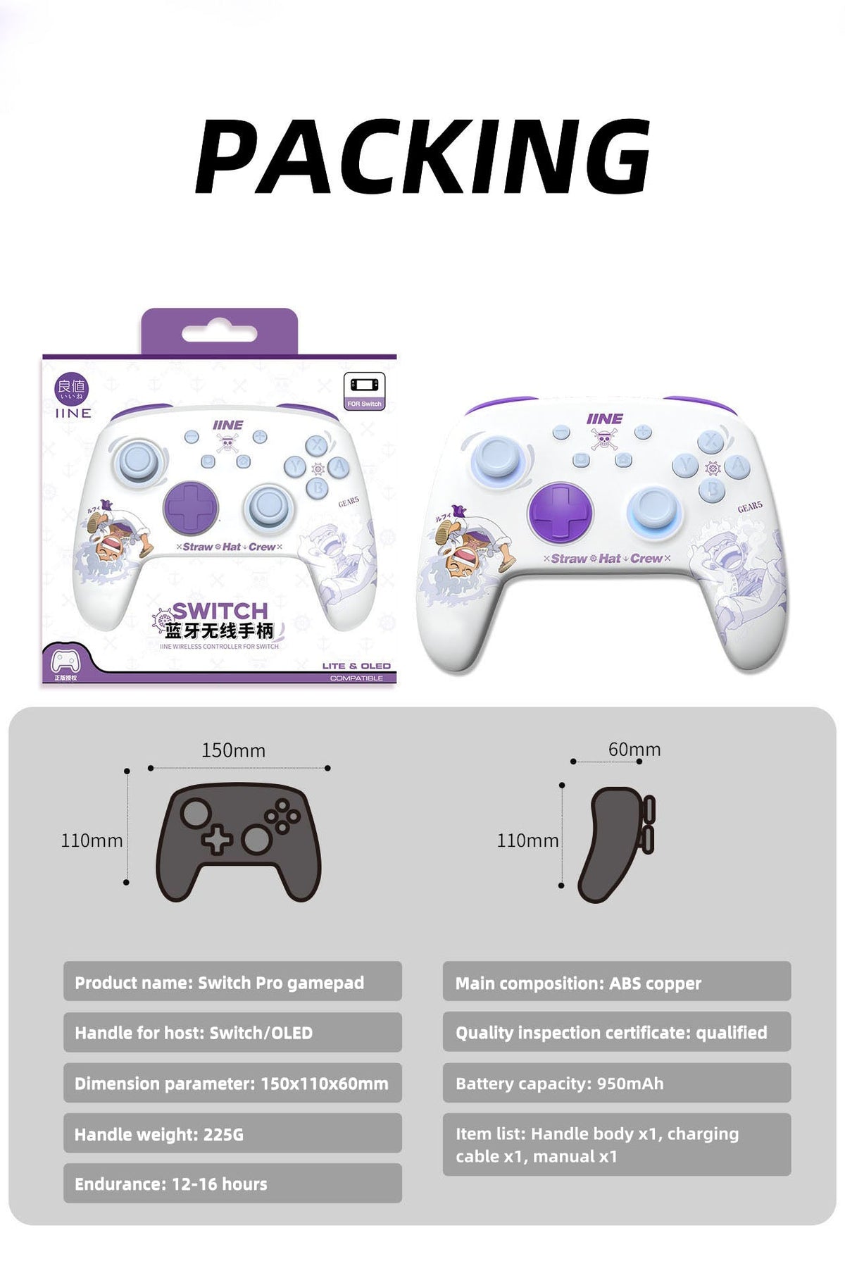 One Piece Luffy Gear 5 Wireless Controller for Nintendo Switch, Straw Hat Crew Anime Bluetooth Gamepad, RGB Light, Dual Vibration & Motion Sensing, Gaming Controller Gift for One Piece Fans