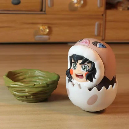Demon Slayer Eggshell Tumbler Figure, Q Version Tanjiro Nezuko Zenitsu Inosuke Roly-poly Toy, Anime Character Mini Figurine with Nest Base, Desktop Decor Collectible Statue, Demon Slayer Fan Gift