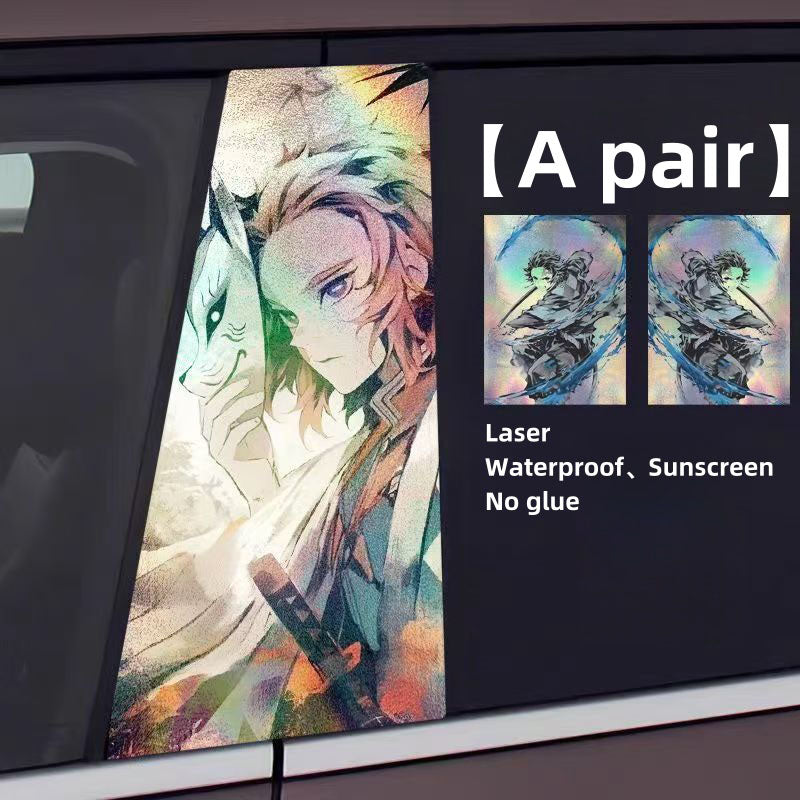 Demon Slayer Anime Car Window Pillar Decals, Laser Holographic Anime Character Car B Column Stickers, Waterproof PET Car Center Pillar Decor Stickers, 1 Pair Anime Car Accessories for Demon Slayer Fans