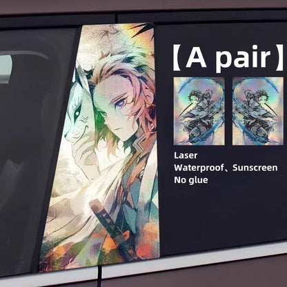 Demon Slayer Anime Car Window Pillar Decals, Laser Holographic Anime Character Car B Column Stickers, Waterproof PET Car Center Pillar Decor Stickers, 1 Pair Anime Car Accessories for Demon Slayer Fans