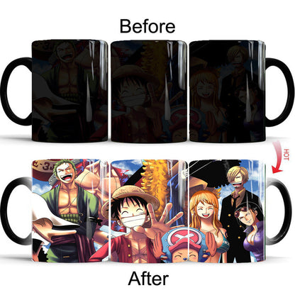 One Piece Heat Changing Magic Mug, Anime Luffy Gear5 Zoro Sanji Color Changing Coffee Cup, 11oz Heat Sensitive Ceramic Tea Mug, Hot Water Activated Magic Cup, One Piece Anime Fan Birthday Holiday Gift