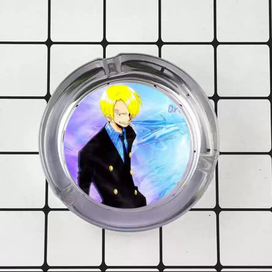 One Piece Anime Glass Ashtray, Luffy Zoro Ace Sanji Round Cigarette Ashtray, Portable Clear Glass Ash Tray with Character Print, Desktop Decor Collectible Gift for One Piece Fans