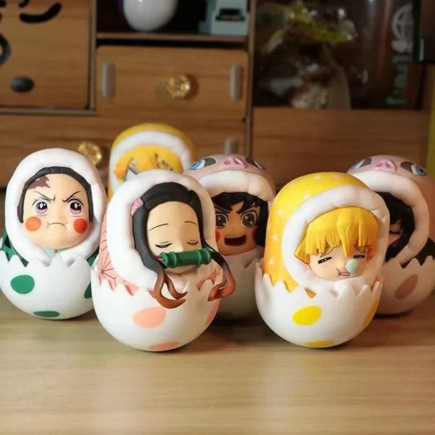 Demon Slayer Eggshell Tumbler Figure, Q Version Tanjiro Nezuko Zenitsu Inosuke Roly-poly Toy, Anime Character Mini Figurine with Nest Base, Desktop Decor Collectible Statue, Demon Slayer Fan Gift