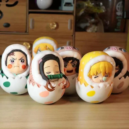Demon Slayer Eggshell Tumbler Figure, Q Version Tanjiro Nezuko Zenitsu Inosuke Roly-poly Toy, Anime Character Mini Figurine with Nest Base, Desktop Decor Collectible Statue, Demon Slayer Fan Gift