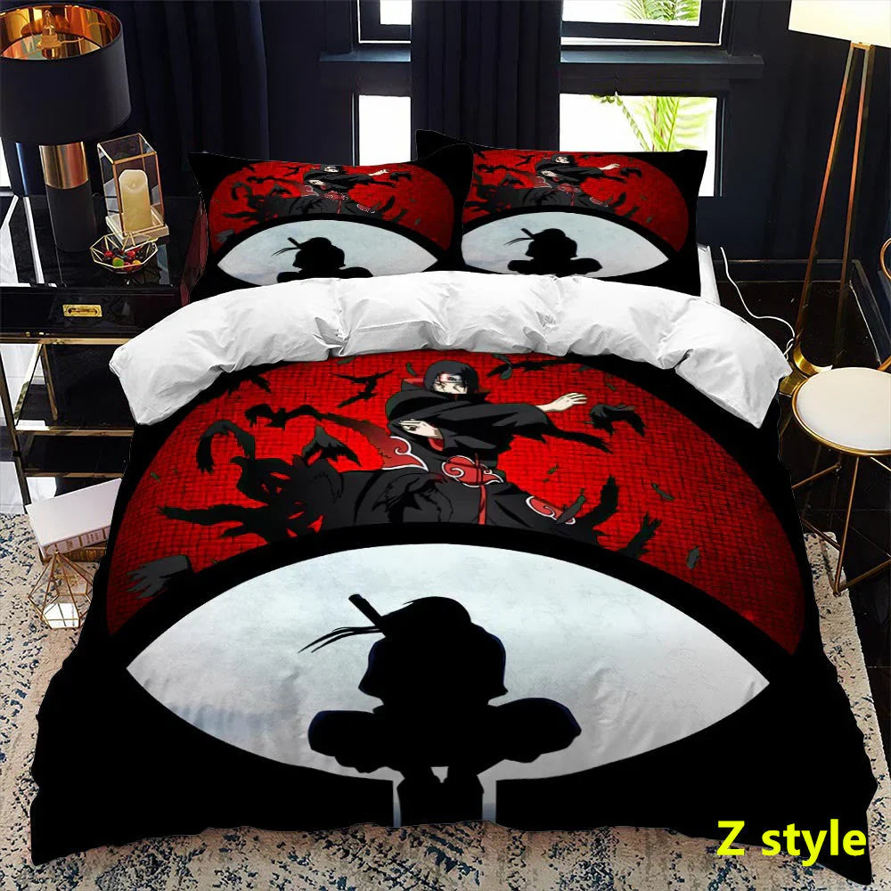 Naruto Anime Bedding Set, 3D Print Duvet Cover with Pillowcases, Akatsuki Red Cloud Comforter Cover Set, Soft Microfiber Bed Sheets, Bedroom Decor Gift for Naruto Fans