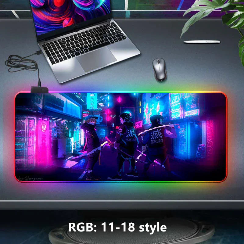 Demon Slayer RGB Gaming Mouse Pad, Large Extended Anime Desk Mat, LED Glowing Non-Slip Rubber Keyboard Pad, Multiple Nezuko Tanjiro Designs, Waterproof Desk Pad for PC Gamers
