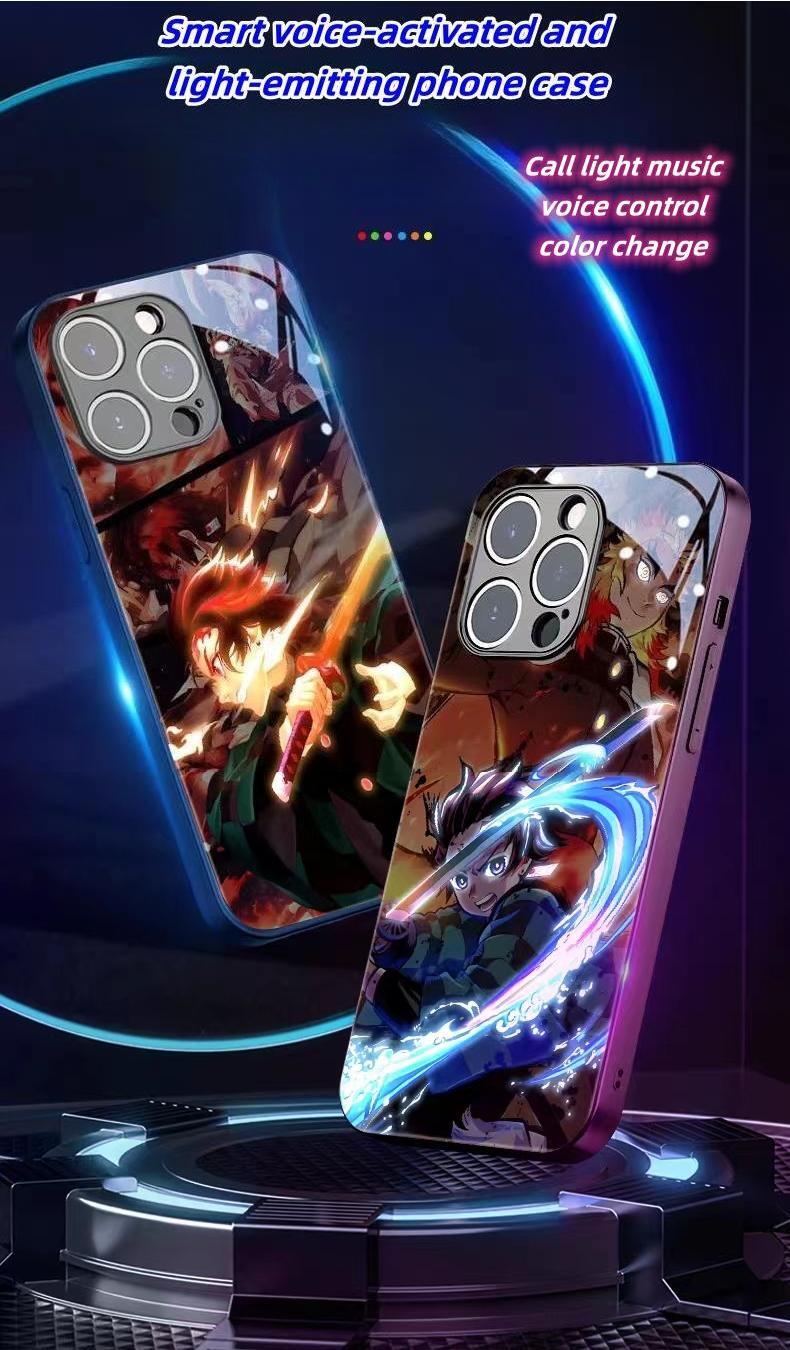 `Demon Slayer Anime Light Up Phone Case, Smart Sound Activated Flash Glowing Glass Back Cover, Shockproof Protective Phone Case for iPhone, Anime Tanjiro Zenitsu Case Gift`