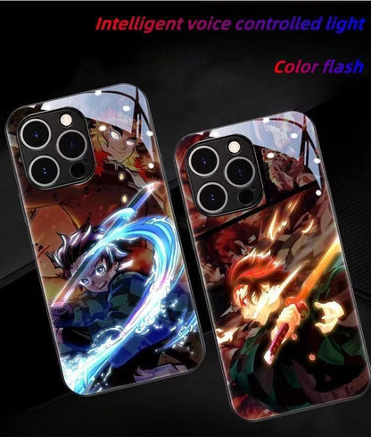 `Demon Slayer Anime Light Up Phone Case, Smart Sound Activated Flash Glowing Glass Back Cover, Shockproof Protective Phone Case for iPhone, Anime Tanjiro Zenitsu Case Gift`