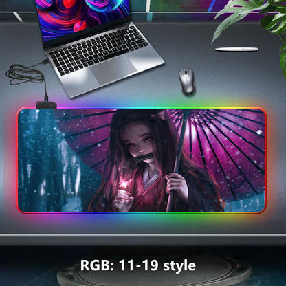 Demon Slayer RGB Gaming Mouse Pad, Large Extended Anime Desk Mat, LED Glowing Non-Slip Rubber Keyboard Pad, Multiple Nezuko Tanjiro Designs, Waterproof Desk Pad for PC Gamers