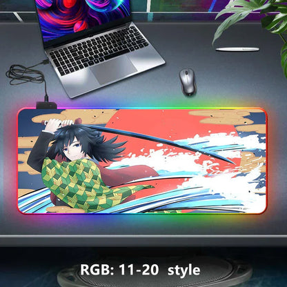 Demon Slayer RGB Gaming Mouse Pad, Large Extended Anime Desk Mat, LED Glowing Non-Slip Rubber Keyboard Pad, Multiple Nezuko Tanjiro Designs, Waterproof Desk Pad for PC Gamers