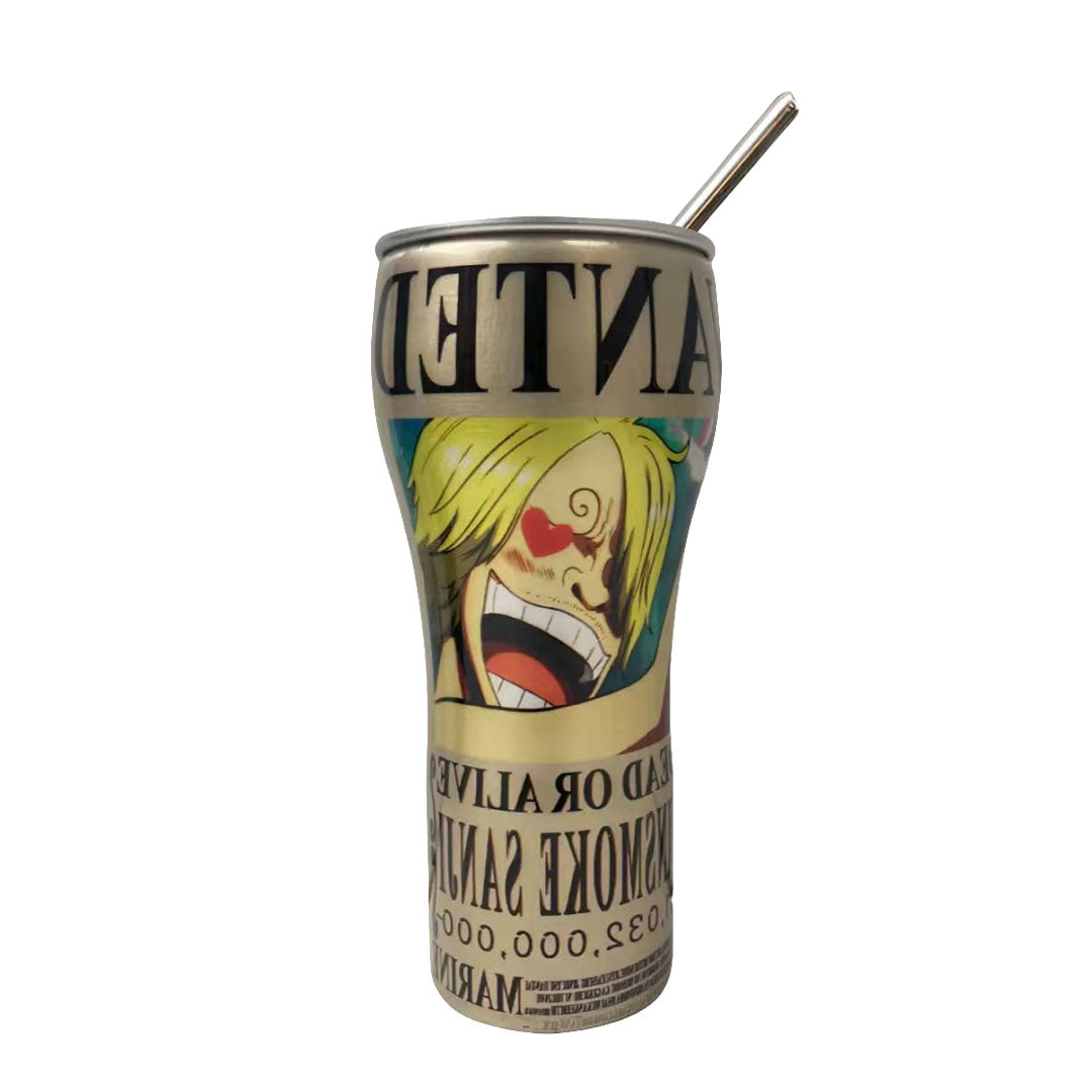 One Piece Anime Tumbler with Straw, Stainless Steel Insulated Travel Cup, Luffy Zoro Nami Wanted Poster Design Coffee Mug, Leak Proof Reusable Water Bottle, One Piece Merch Gift for Anime Fans