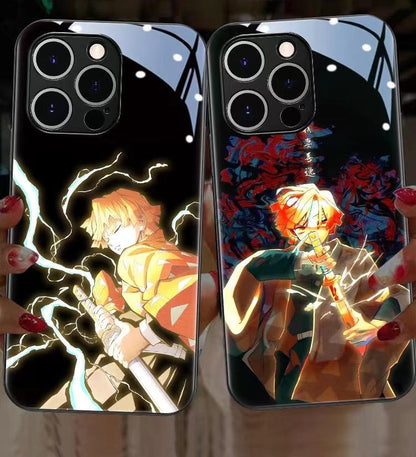 `Demon Slayer Anime Light Up Phone Case, Smart Sound Activated Flash Glowing Glass Back Cover, Shockproof Protective Phone Case for iPhone, Anime Tanjiro Zenitsu Case Gift`