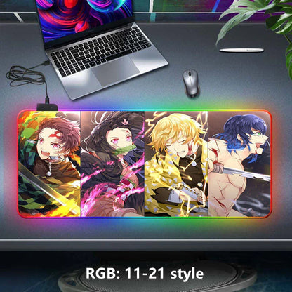 Demon Slayer RGB Gaming Mouse Pad, Large Extended Anime Desk Mat, LED Glowing Non-Slip Rubber Keyboard Pad, Multiple Nezuko Tanjiro Designs, Waterproof Desk Pad for PC Gamers