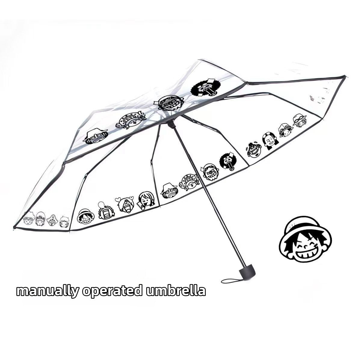 One Piece Anime Automatic Clear Umbrella, Luffy and Crew Q Chibi Character Print Transparent Rain Umbrella, Portable Folding Auto Open Umbrella, Anime Collectible Gift for One Piece Fans