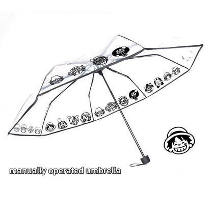One Piece Anime Automatic Clear Umbrella, Luffy and Crew Q Chibi Character Print Transparent Rain Umbrella, Portable Folding Auto Open Umbrella, Anime Collectible Gift for One Piece Fans