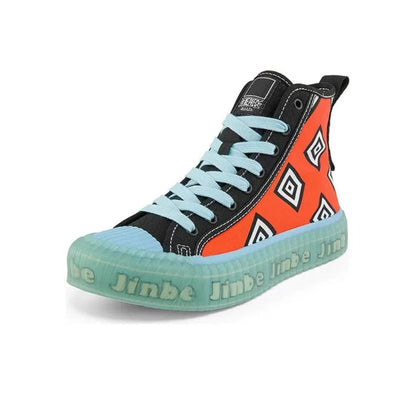 One Piece Jinbe High Top Canvas Sneakers for Men Women, Orange Black Geometric Pattern Anime Skate Shoes, Unisex Lace-Up Translucent Light Blue Thick Cookie Sole Streetwear Cosplay Casual Shoes, Anime Fan Collectible Gift