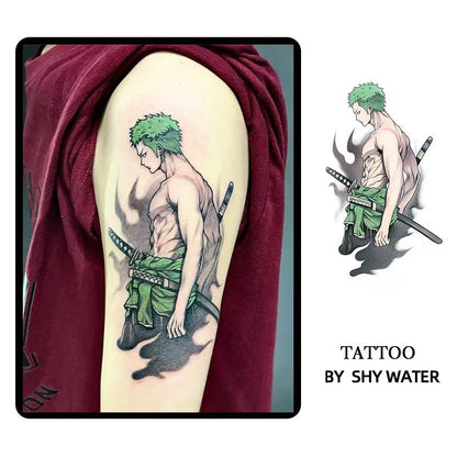 One Piece Roronoa Zoro Temporary Tattoo Sticker, Anime Zoro Character Fake Tattoo, Waterproof Long Lasting Body Art Tattoo Decal, Large Size Tattoo Stickers for Arm Leg, Anime Cosplay Merch Gift for One Piece Fans