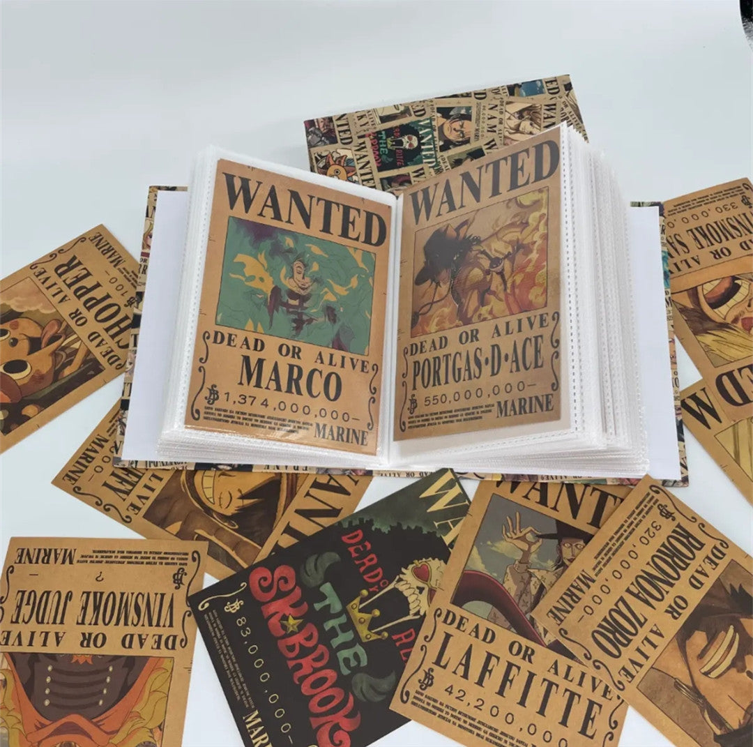 One Piece Wanted Poster Collection Book, Anime Bounty Wanted Posters Album, Vintage Kraft Paper Wanted Cards with Storage Book, Collectible Bounty Poster Set Gift for One Piece Fans