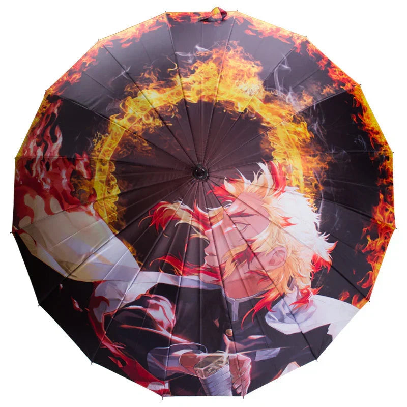 Demon Slayer Anime Katana Sword Umbrella, Nichirin Sword Shape Long Handle Umbrella, Tanjiro Zenitsu Rengoku Printed Sun Rain Stick Umbrella with Shoulder Strap, Demon Slayer Cosplay Merch Gift for Anime Fans