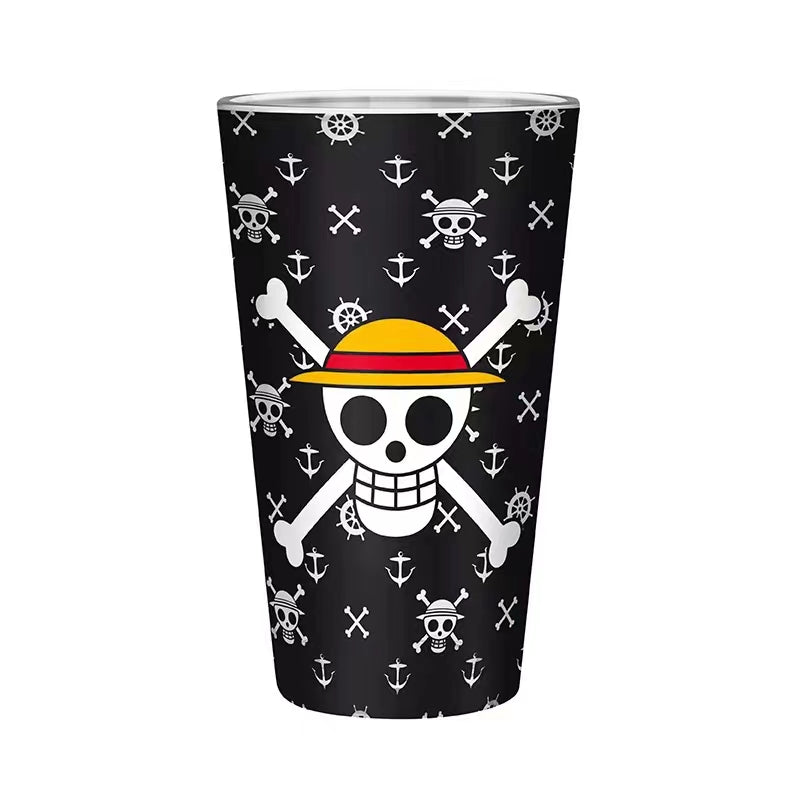 One Piece Luffy Pint Glass, Straw Hat Pirate Skull Logo Anime Drinking Cup, 16oz Glass Tumbler for Soda Beer Water, Collectible Table Decor Gift for One Piece Anime Fans