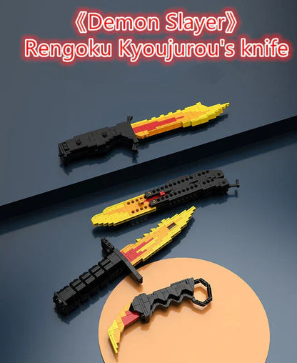 Demon Slayer Rengoku Kyojuro Flame Dagger Building Blocks, Anime Sword Model Bricks Kit, Cosplay Prop Knife Toy, Collectible Assembly Weapon Model, Gift for Demon Slayer Fans & Block Builders