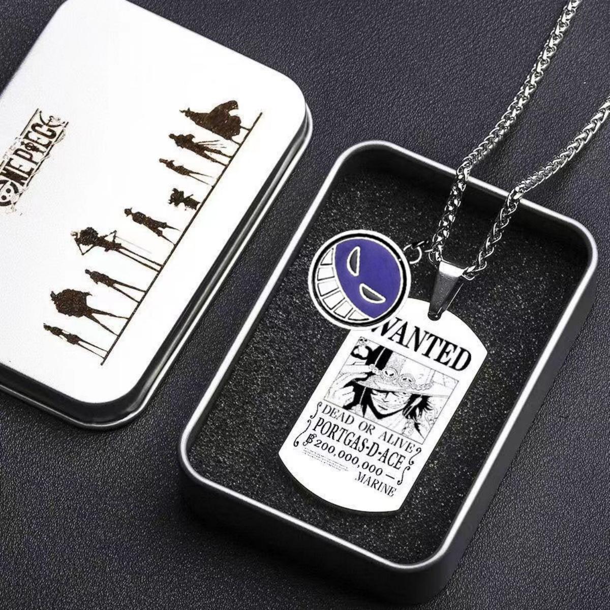 One Piece Portgas D. Ace Rotatable Pendant Necklace, Stainless Steel Dog Tag Wanted Poster Necklace Anime Jewelry Gift For Collection Fans