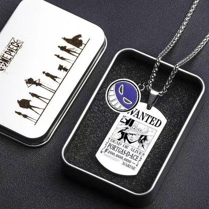 One Piece Portgas D. Ace Rotatable Pendant Necklace, Stainless Steel Dog Tag Wanted Poster Necklace Anime Jewelry Gift For Collection Fans