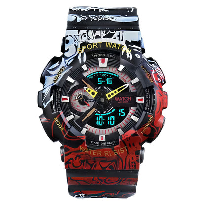 One Piece Luffy & Dragon Ball Anime Sports Watch, Dual Display Analog Digital Wrist Watch, Shock Resistant Waterproof Graffiti Wristwatch, Collectible Anime Merchandise Gift for Teen Boys Anime Fans
