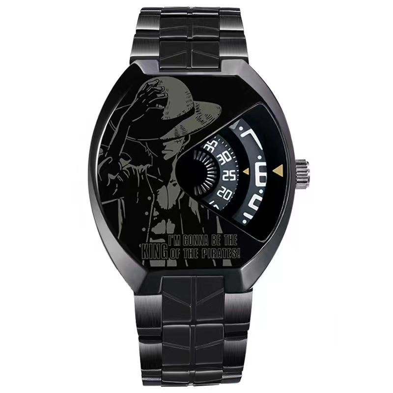 One Piece Luffy Wanted Poster Anime Wrist Watch for Men, Unique Rotating Dial Quartz Watch, Stainless Steel & Leather Strap, One Piece Skull Logo Analog Watch, Anime Cosplay Collectible Gift for One Piece Fans
