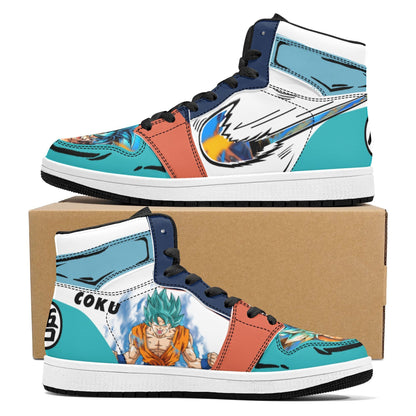 Dragon Ball Goku Super Saiyan Blue Anime High Top Sneakers, Teal White Orange Custom Print Streetwear Shoes, Men Women Casual Fashion Sneakers, Anime Fan Collectible Footwear Gift