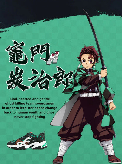 Demon Slayer Tanjiro Anime Sneakers, Green Checkered Cosplay Shoes, Men Women Chunky Casual Running Footwear, Anime Themed Streetwear Athletic Shoes, Gift for Demon Slayer Fans