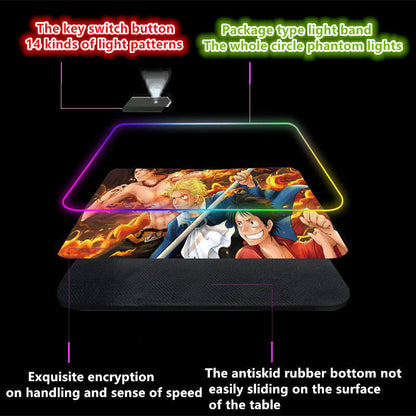 One Piece RGB Large Gaming Mouse Pad, Anime Luffy Zoro Printed Extended LED Mousepad, Non-Slip Rubber Base Waterproof Desk Mat, Big Keyboard Desk Pad for PC Gamer Office Home Decor