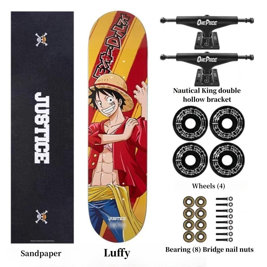 One Piece Anime Complete Skateboard Set, 7 Layer Maple Double Kick Skate Board, Luffy Zoro Sanji Nami Chopper Print Skateboard, Anime Collectible Skateboard for Teens Adults, One Piece Fan Gift